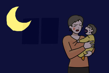 夜泣きがひどい赤ちゃんを抱っこする、怒った母親