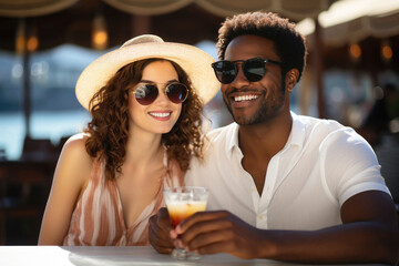 Interracial couple drinking cocktails, beach bar, vacation, smiling, happy, sunny day, diversity