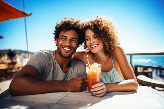 Latino couple drinking cocktails, beach bar, vacation, smiling, happy, sunny day, diversity