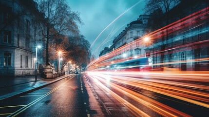 Road with light trails of passing vehicles. Motion speed light in city. Dynamic background. Town at night with speed traffic. Generative AI. Illustration for banner, poster, cover or presentation.