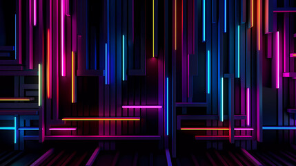 Bright neon lines forming geometric shapes on a dark background.