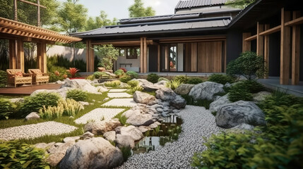 Fototapeta premium Japan Culture Home and Garden Concept: Embracing the Timeless Elegance and Tranquility of Japanese Aesthetics, Creating a Harmonious Fusion of Indoor and Outdoor Spaces