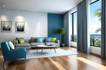 Fototapeta na wymiar Modern blue contemporary apartment interior with a brick wall, light render, and home decoration using Generative AI 