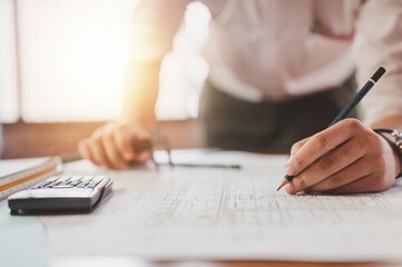 strategy, architecture, blueprint, measurement, calculate, project, engineer, professional, calculator, mathematical. use pencil to measurement for create architecture building blueprint and structure