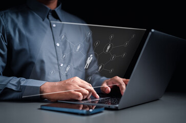 technology, business, resource, management, recruitment, social, team, human, manager, organization. typing keyboard to management organization human resource. social and network to make communication