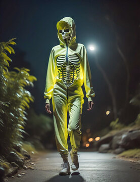 Girl dressed a costume skeleton walks down the street. Halloween night 