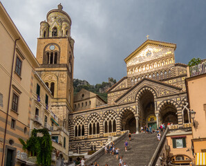 Main facade of the Amalfi Cathedral, Saint Andrew the Apostle, on the Amalfi Coast, Italy
