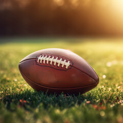 Close-Up of an American Football Ball on the Turf, Bathed in the Sunset's Glow