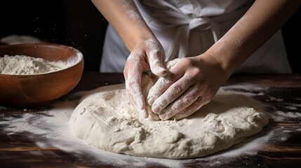 Obraz na płótnie Canvas The hands of the chef are preparing dough for pizza.
