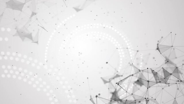 Abstract digital connection of moving dots and lines. Grey geometric triangles shapes and circles on white background. Looped animation.