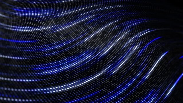 Digital glowing lines wave of pixels. Blue abstract technology background with dots and binary code. Looped animation.