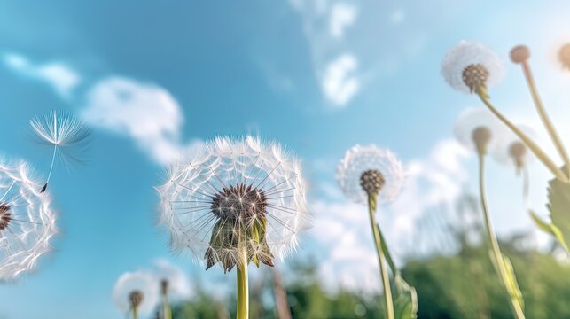 illustration of dandelion seed field under blue sky, Generative Ai