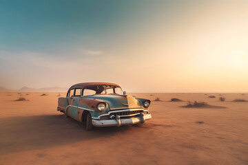 Obraz na płótnie Canvas Old classic car abandoned in the desert. Rusty retro car. AI Generative.