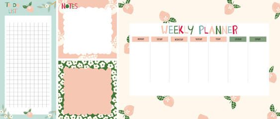 Collection of weekly or daily planner, note paper, to do list, sticker templates decorated with strawberry illustrations. School planner and organizer. flat vector