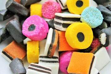 Full frame view of assorted English liquorice candy.