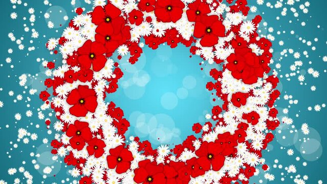 Round wreath frame with red flowers poppies and daisies. Looped floral animation on blue background with blurred bokeh.