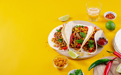 Mexican Tacos with Beef and Vegetables, Tacos al Pastor on Yellow Background