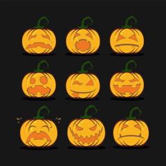 black background scary pumpkin face icon set, vector logo icon