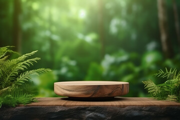 Wooden product display podium for cosmetic product with green nature garden background, 3d rendering