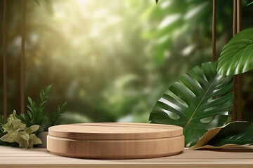 Wooden product display podium for cosmetic product with green nature garden background, 3d rendering