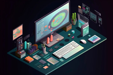 Generative AI illustration of isometric Workspace with table, chair, laptop and company charts