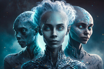 Starseed people as human aliens from other galaxies, fictitious person. AI generated image