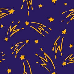 Fototapeta premium Space yellow Stars and Comets on dark background endless texture. seamless children's pattern for wed design, textile or wrapping paper 