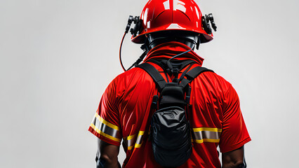 Obraz premium Firefighter from behind with white background. Flames and fire extinguishers. Concept of fire, evacuation and humanitarian aid. AI generative. 