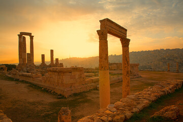 Temple of Hercules in Amman Citadel comples in the orange sunset or sunrise, Jordan. 