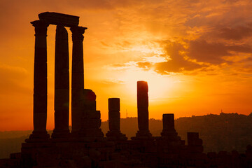 Temple of Hercules in Amman Citadel comples in the orange sunset or sunrise, Jordan. 