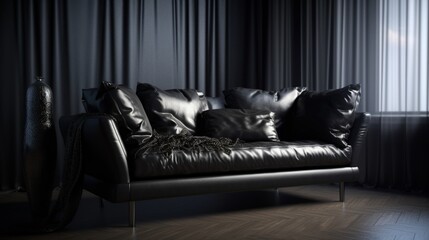 Black leather sofa with a pillow, Generative AI.