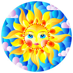 Illustration in the style of a stained glass window with abstract sun ,round image