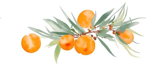Watercolor orange berries on branches with leaves on a white background.