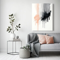 modern living room with sofa, pastel abstract wall art, ai generative