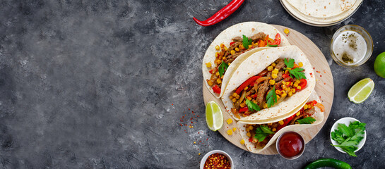 Mexican Tacos with Beef and Vegetables, Tacos al Pastor on Dark Background