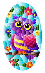 Stained glass illustration with cartoon owl against a blue sky and flowers, in a bright frame, oval image