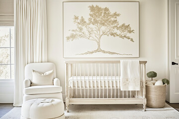 simple off white nursery with crib and rug and canvas on wall over crib, neutral tones, white background, ai generative