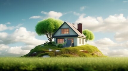 House on earth with a surrounding lawn and grass, Generative AI.