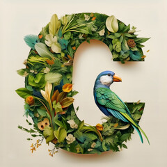 Cute green letter with flowering nature and parrot inside, high resolution