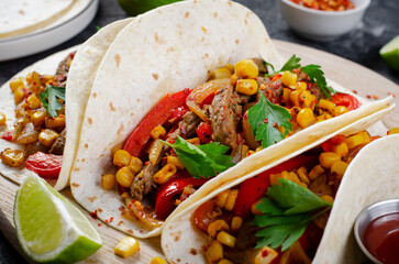 Mexican Tacos with Beef and Vegetables, Tacos al Pastor on Dark Background