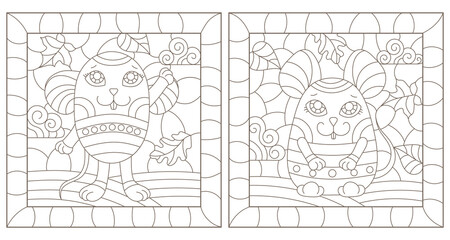A set of contour illustrations in the style of stained glass with cute cartoon mice, dark contours on a white background