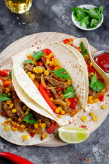 Mexican Tacos with Beef and Vegetables, Tacos al Pastor on Dark Background