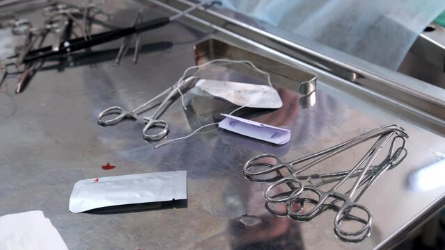 Surgical instruments lying on the table during the operation