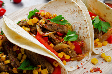Mexican Tacos with Beef and Vegetables, Tacos al Pastor on Grey Background