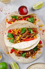 Mexican Tacos with Beef and Vegetables, Tacos al Pastor on Grey Background