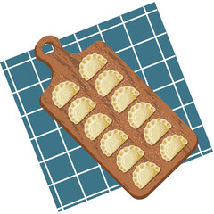 Dumplings, varenyky, pierogi on a board. Polish cuisine. Ukrainian cuisine. Vector illustration.