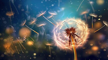 Obraz premium illustration of dandelion seed field under starry night sky, , Generative Ai