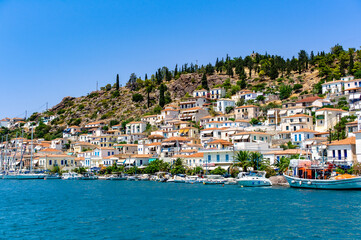 Fototapeta na wymiar Poros Island scenic view from the sea saronic gulf greece