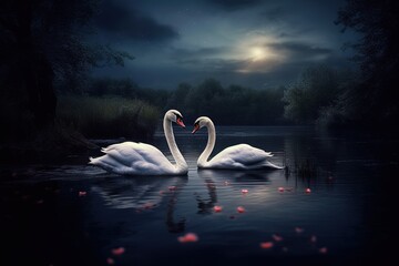 Two white swans. Romantic background. The romance of a white swan with a clear beautiful landscape. Generative AI