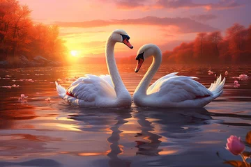 Fotobehang Two white swans. Romantic background. The romance of a white swan with a clear beautiful landscape. Generative AI © Irina